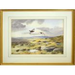 •AR Robert W Milliken (1920-2014), Grouse in Flight over Moorland, watercolour, signed lower
