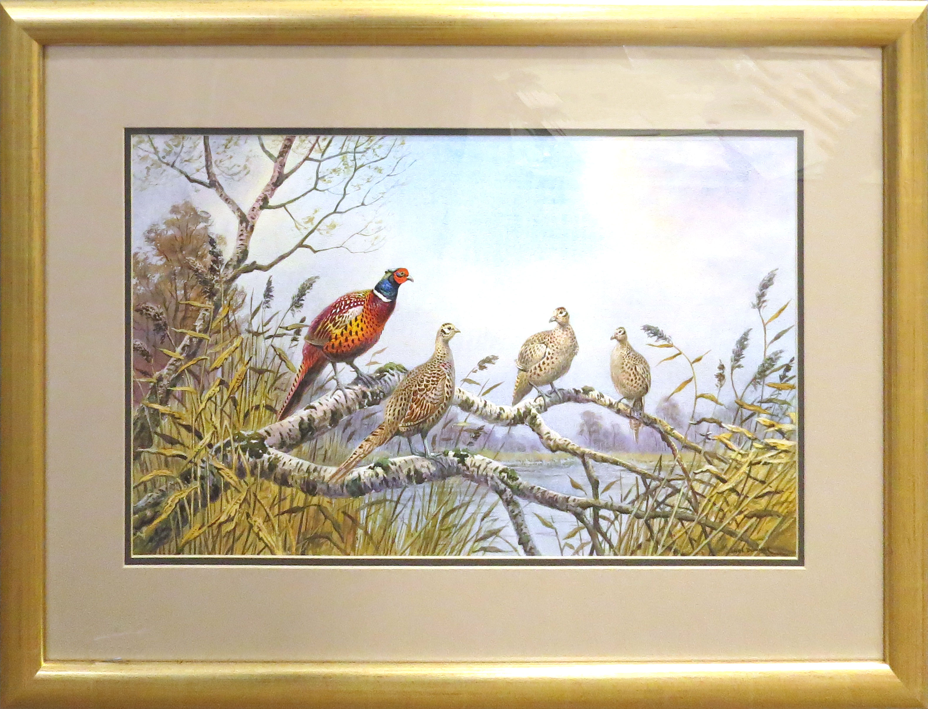 Carl Donner (born 1957), "Pheasants on a birch log overlooking a lake", watercolour, signed lower