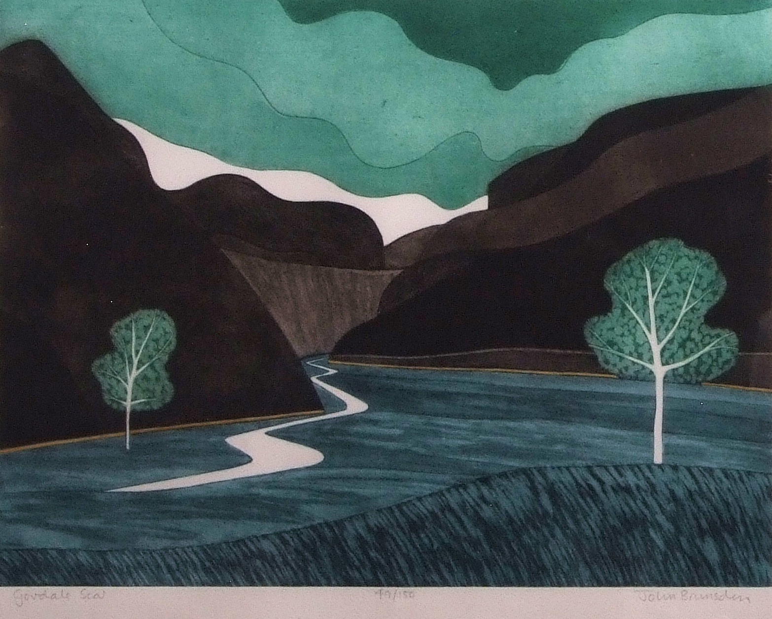 •AR John Brunsdon, ARCA, (1933-2014), "Gordale Scar", coloured etching and aquatint, signed,