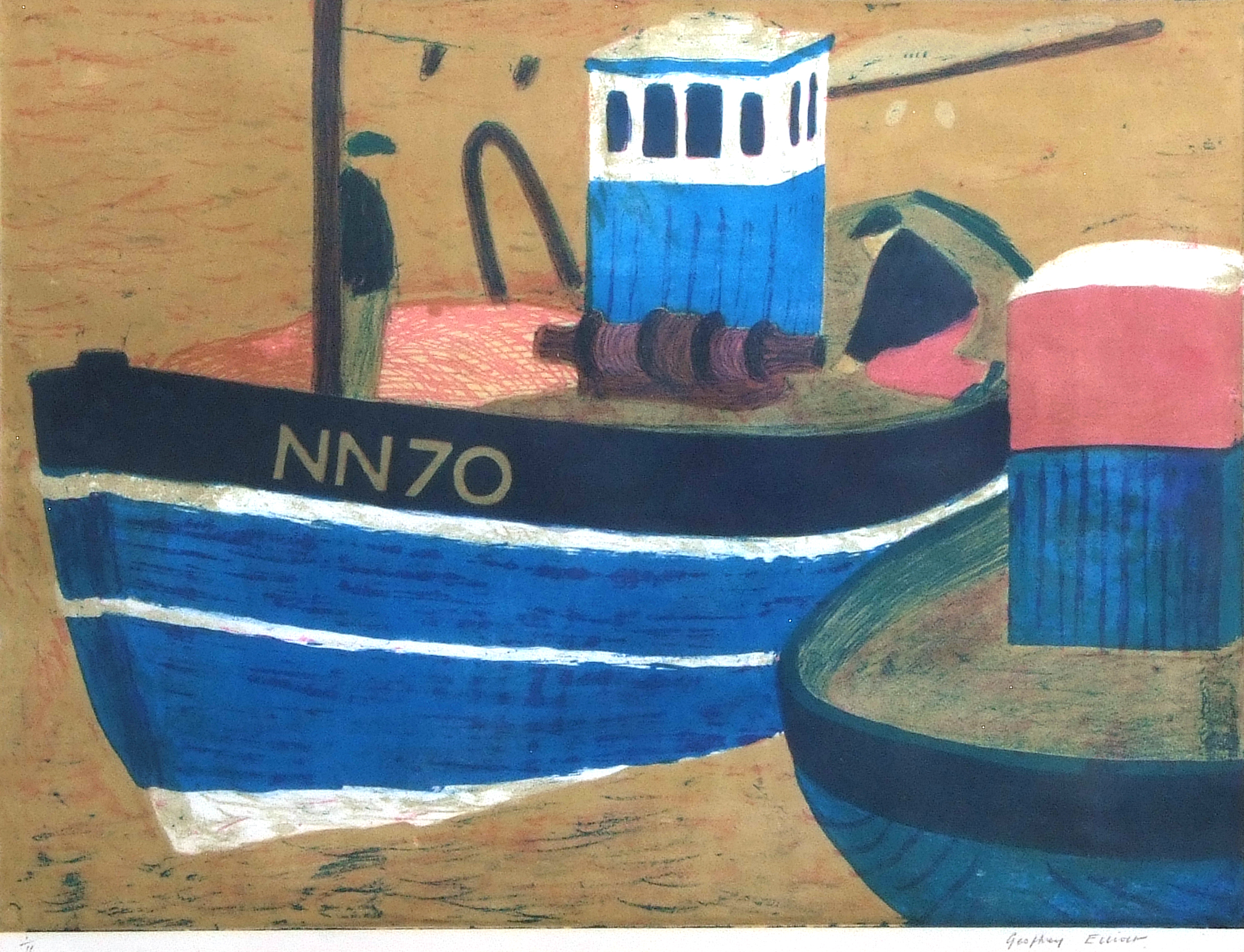 AR Geoffrey Elliott (born 1935), Fishing boat, coloured lithograph, signed and numbered 1/11 in