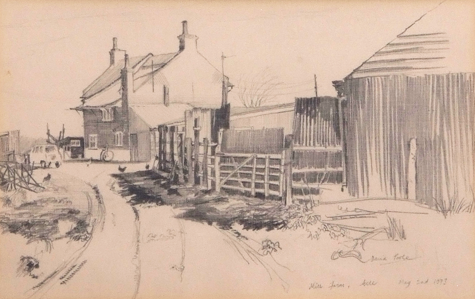 AR David Poole (1936-1995), "Mill Farm, Acle, May 2nd 1973", pencil drawing, signed and inscribed