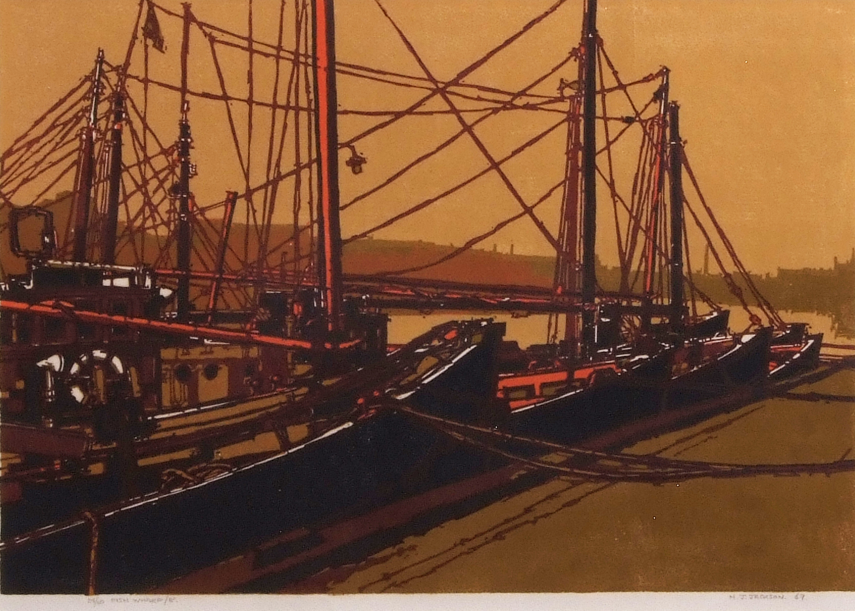 •AR H John Jackson, ARE (born 1938), "Fish Wharf/8", linocut, signed, dated 69, numbered 24/50 and