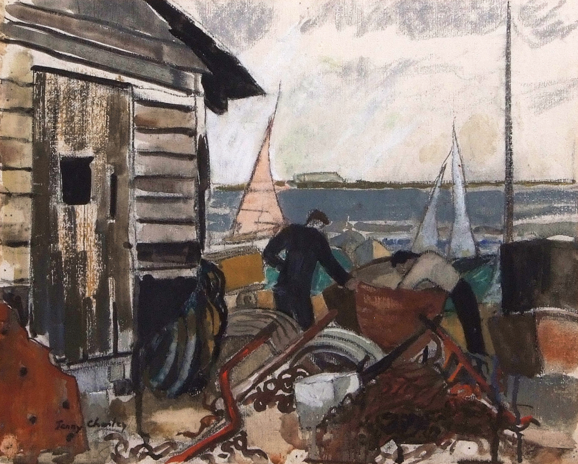 •AR Jenny Chorley (20th century), "Boatyard at Orford", watercolour, signed lower left, 39 x 49cm.