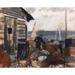 •AR Jenny Chorley (20th century), "Boatyard at Orford", watercolour, signed lower left, 39 x 49cm.