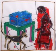 •AR John Kiki (born 1943), Interior scene with figure and dog, acrylic on paper, signed lower