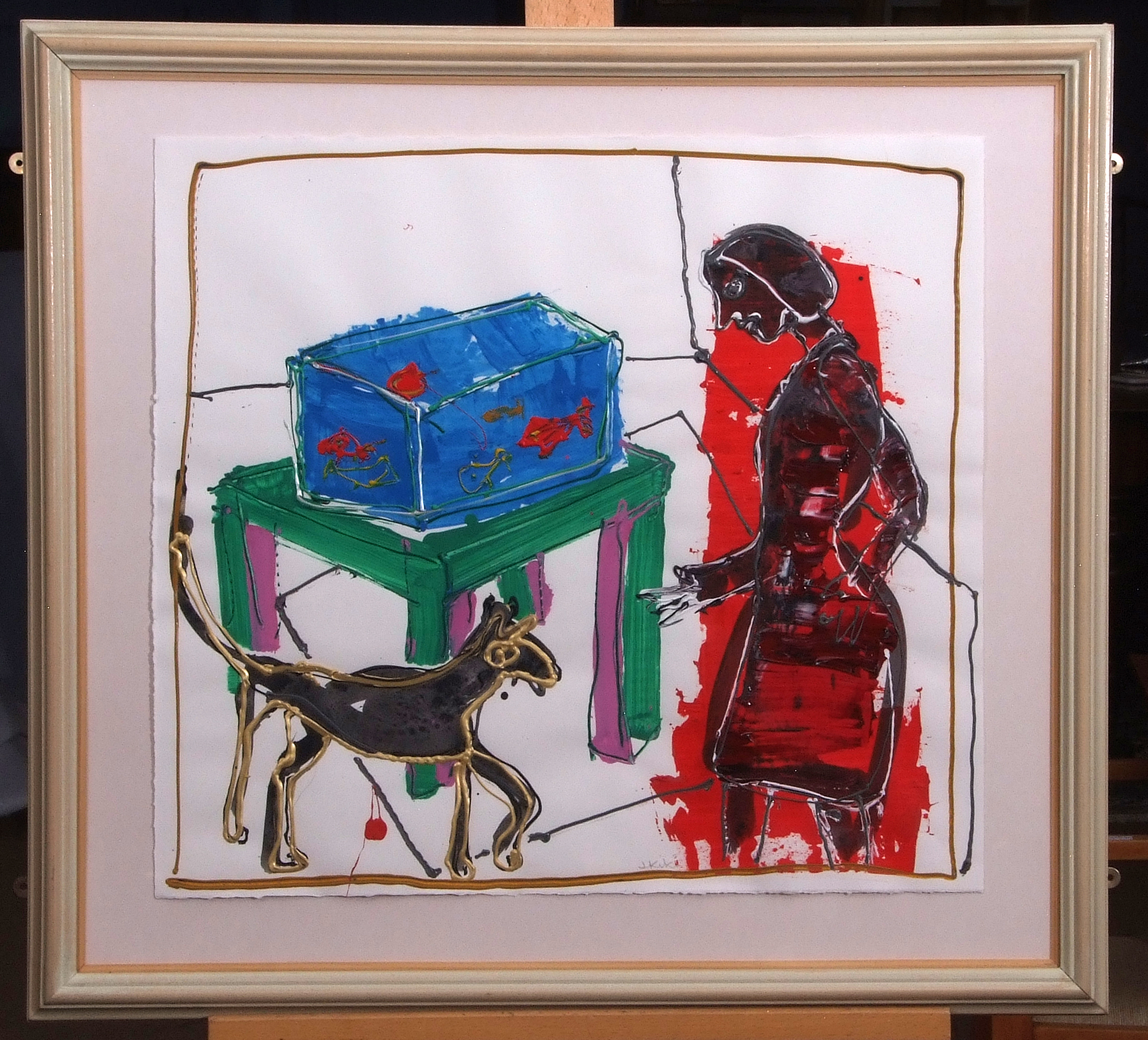 •AR John Kiki (born 1943), Interior scene with figure and dog, acrylic on paper, signed lower - Image 2 of 2