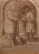 •AR Colin Moss (1914-2005), Newspaper seller, charcoal drawing, signed lower left, 57 x 40cm