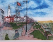 •AR Richard Bawden, RWS, NEAC, RE (born 1936), "East Green, Southwold" (6/85) and "North Parade,