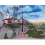 •AR Richard Bawden, RWS, NEAC, RE (born 1936), "East Green, Southwold" (6/85) and "North Parade,