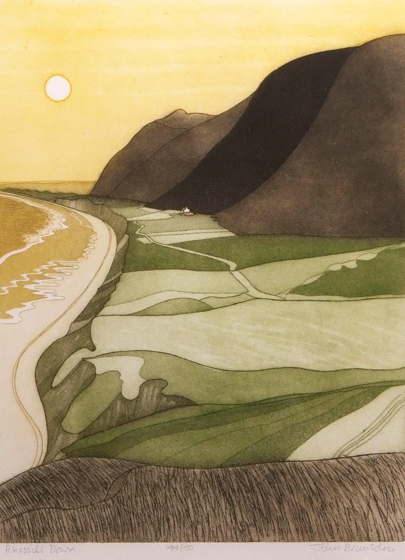 •AR John Brunsdon, ARCA, (1933-2014), "Rhossili Down", coloured etching and aquatint, signed,