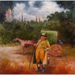 English School (20th century), Figure with horse and carriage, oil on board, bears initials AJM