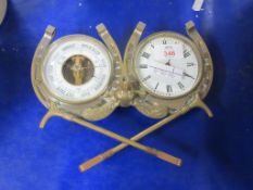 BRASS BOUND BAROMETER AND CLOCK WITH NOVELTY RIDING CROP WITH FOX AND HORSESHOES