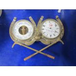 BRASS BOUND BAROMETER AND CLOCK WITH NOVELTY RIDING CROP WITH FOX AND HORSESHOES