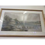 FRAMED PRINT DEPICTING A RIVER SCENE WITH BRIDGE AND FIGURES IN THE FOREGROUND, TOTAL WIDTH INC