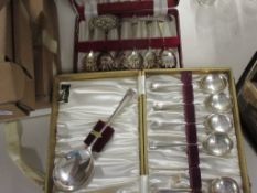 SET OF PLATED DESSERT SPOONS AND SERVING SPOONS, TOGETHER WITH A FURTHER SET OF DESSERT SPOONS AND A