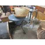 METAL GARDEN TABLE WIDTH APPROX 50CM TOGETHER WITH CHROMIUM AND GLASS CORNER WHAT-NOT