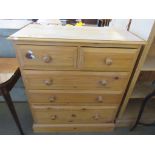 WAXED PINE CHEST OF TWO SHORT OVER THREE LONG DRAWERS, WIDTH APPROX 90CM