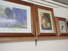 MODERN GROUP OF PICTURES IN LIGHT OAK FRAMES INCLUDING STILL LIFE OF FRUIT AND JUG AND BEAKER