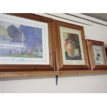 MODERN GROUP OF PICTURES IN LIGHT OAK FRAMES INCLUDING STILL LIFE OF FRUIT AND JUG AND BEAKER