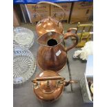 TWO COPPER KETTLES, TOGETHER WITH A SIMILAR WATER JUG, LARGER KETTLE HEIGHT APPOX 35CM