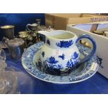 CLEWS BLUE AND WHITE TRANSFER PRINTED WASH BOWL TOGETHER WITH A VICTORIA WARE WATER JUG