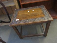 SMALL JOINTED TABLE WITH CARVED DECORATION THROUGHOUT, APPROX 58CM X 35CM