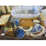 BOX CONTAINING CERAMICS AND COLLECTABLES INCLUDING CASED SET OF SPOONS ETC
