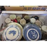 BOX CONTAINING GOOD QUANTITY OF HOUSEHOLD CHINA INCLUDING BLUE AND WHITE PLATES ETC