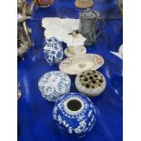 CHINESE BLUE AND WHITE GINGER JAR WITH PRUNUS DECORATION, STAFFORDSHIRE COTTAGE, PASTILLE BURNER AND