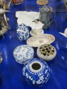 CHINESE BLUE AND WHITE GINGER JAR WITH PRUNUS DECORATION, STAFFORDSHIRE COTTAGE, PASTILLE BURNER AND