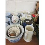 QUANTITY OF VARIOUS PLANTERS AND OTHER CERAMICS INCLUDING BLUE AND WHITE TRANSFER PRINTED EXAMPLES