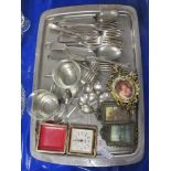 GROUP OF PLATED WARES AND TRAVELLING ALARM CLOCK