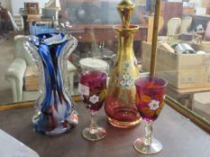 MODERN BOHEMIAN WARES POSSIBLY BY MOSER, INCLUDING A CARAFE, STOPPER AND TWO WINE GLASSES WITH