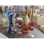 MODERN BOHEMIAN WARES POSSIBLY BY MOSER, INCLUDING A CARAFE, STOPPER AND TWO WINE GLASSES WITH