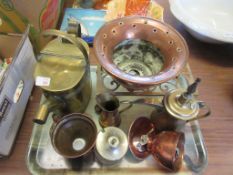 TRAY CONTAINING VARIOUS METAL INCLUDING TRIVET, BRASS WATER CAN ETC