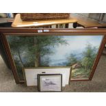 LARGE OIL PAINTING OF WOODLAND GLADE TOGETHER WITH VARIOUS PRINTS INCLUDING AIRCRAFT INTEREST ETC