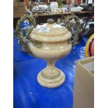 ALABASTER VASE AND COVER WITH BRASS HANDLES