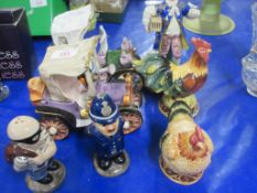 GROUP OF NOVELTY PORCELAIN INCLUDING TWO FIGURES OF CHICKENS, TWO VINTAGE CARS ETC
