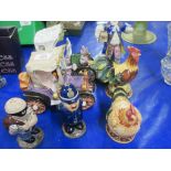 GROUP OF NOVELTY PORCELAIN INCLUDING TWO FIGURES OF CHICKENS, TWO VINTAGE CARS ETC