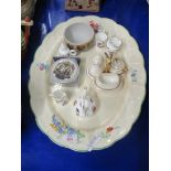LARGE PATTERN MEAT PLATE TOGETHER WITH A SMALL PORCELAIN CRUET SET AND VARIOUS MINIATURE ITEMS