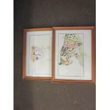 TWO FRAMED PRINTS OF A CHEETAH AND AN OCELOT, FRAME WIDTH APPROX 36CM