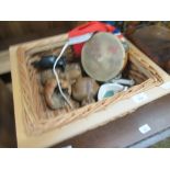 BASKET CONTAINING ASSORTED CLEARANCE SUNDRIES INCLUDING TRIBAL HEADS ETC