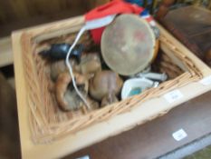 BASKET CONTAINING ASSORTED CLEARANCE SUNDRIES INCLUDING TRIBAL HEADS ETC