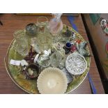 TRAY CONTAINING ORNAMENTS AND GLASS