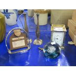 BRACKET CLOCK AND SMALL CALENDAR AND PAIR OF WHITE METAL CANDLESTICKS