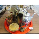TRAY CONTAINING METAL WARES INCLUDING SMALL WATER JUGS, PLATED TEA POT ETC