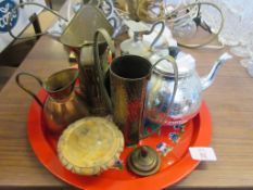 TRAY CONTAINING METAL WARES INCLUDING SMALL WATER JUGS, PLATED TEA POT ETC