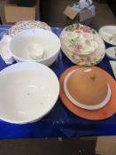 QUANTITY OF CERAMICS INCLUDING LARGE MIXING BOWLS, PORTUGUESE HAND PAINTED PLATES ETC