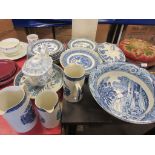 SELECTION OF BLUE AND WHITE WARES INCLUDING GREENS JUGS, LARGE FRUIT BOWL, TUREENS, MOSAIC TEA POT