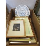 BOX OF FRAMED PRINTS INCLUDING FISHING BOATS AND CROMER PIER, SPACE SHUTTLE ETC